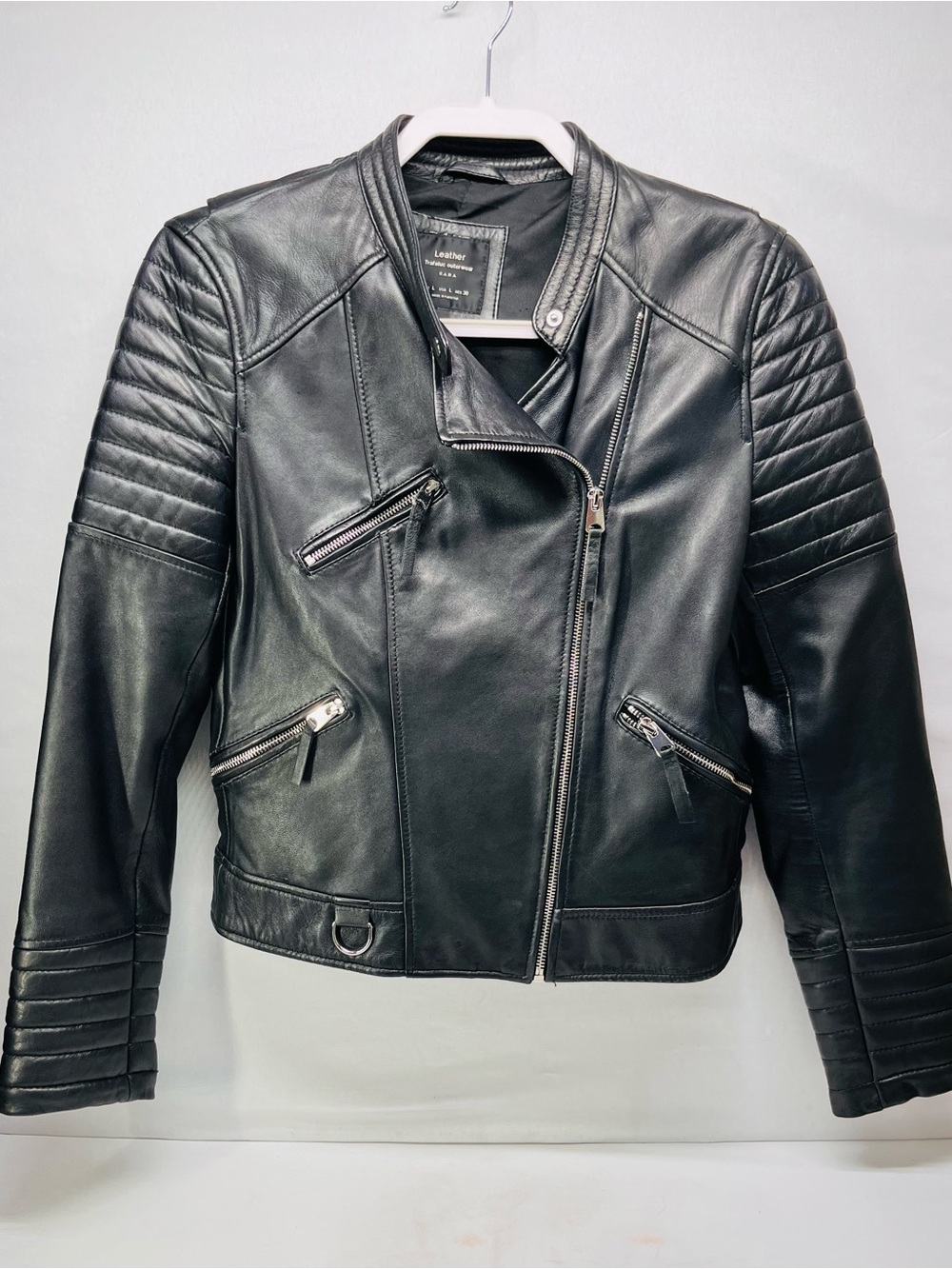 Zara Black Quilted Sleeve Leather Moto Jacket